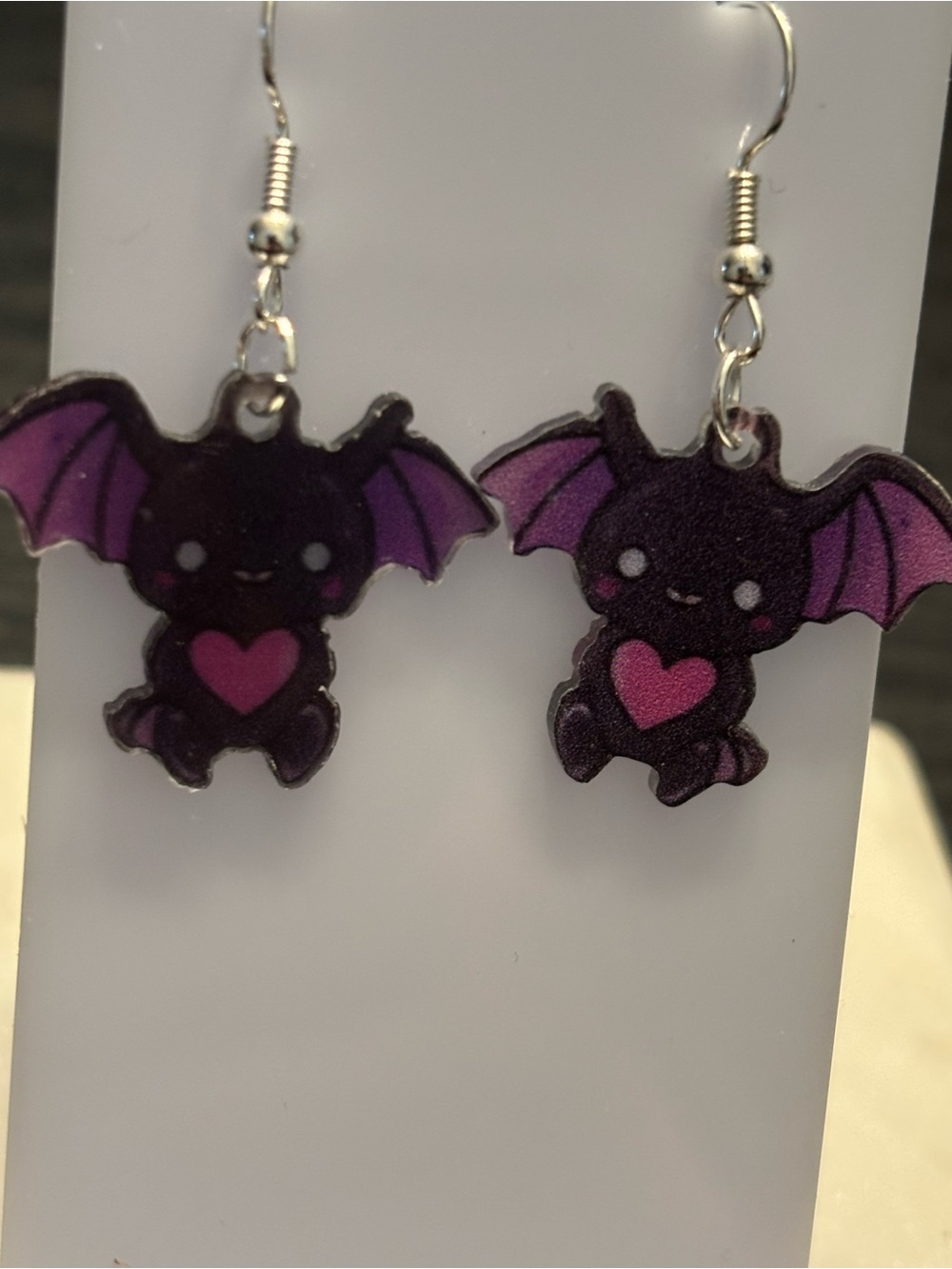 Silver Glitter Bat Acrylic Earrings | Heart Chest | Pink Accent | Gothic Dangle